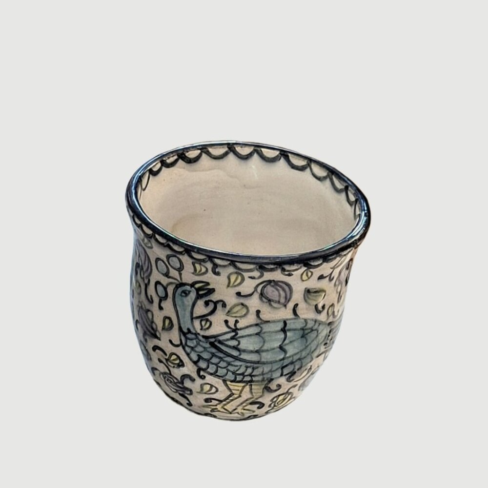Hand Painted Studio Art Pottery Peacock 9oz Mug Cup